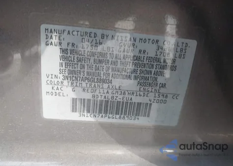 2016 Nissan Versa 1.6 Sv from USA, damaged, VIN 3N1CN7AP6GL889034